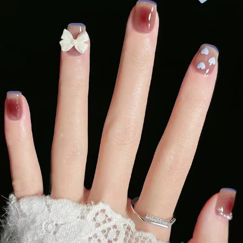 Elegant Butterfly Dreams Short Square Gradient Brown and Blue Press On Nail Set with Charming Bow and Heart Designs