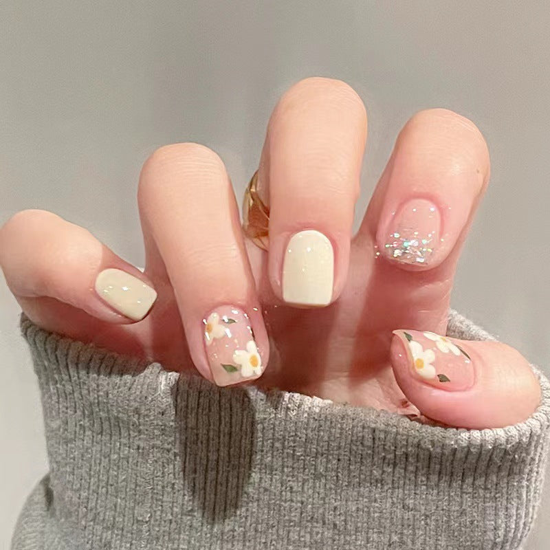 Blossom Delight Square Short Beige Floral Press On Nail Set with Glitter Accent