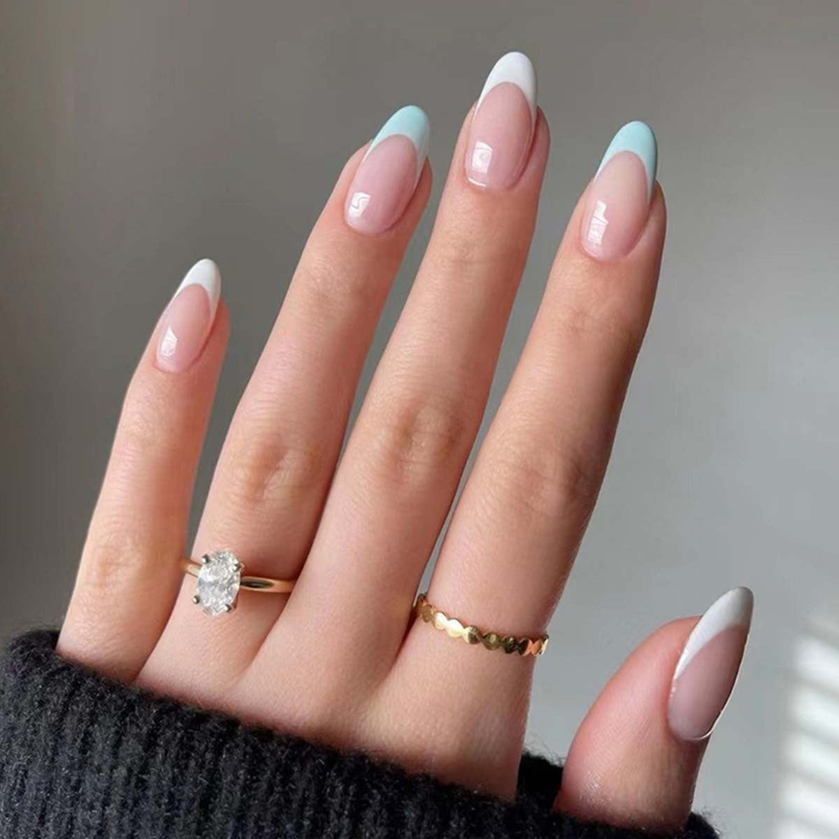 Chic Elegance Long Oval Pink and Blue Ombre Press On Nail Set with Glossy Finish