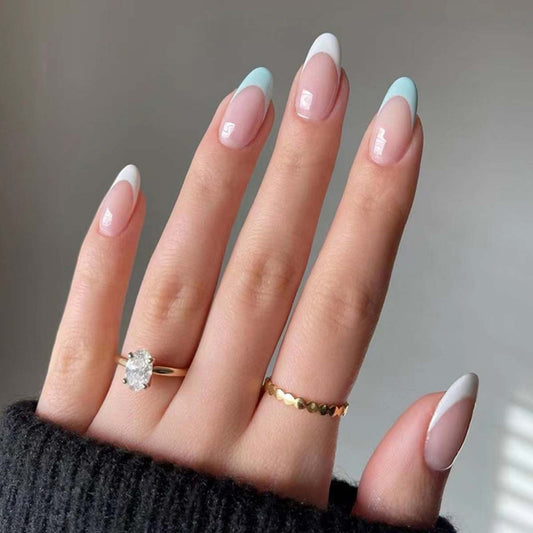 Chic Elegance Long Oval Pink and Blue Ombre Press On Nail Set with Glossy Finish