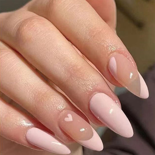 Charming Romance Long Almond Pink Press On Nail Set with Heart Accent