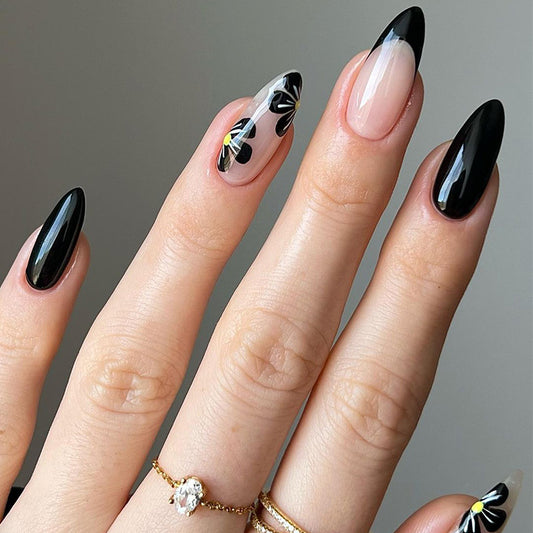 Gothic Elegance Long Almond Shaped Black and Clear Nail Set with Floral Accents