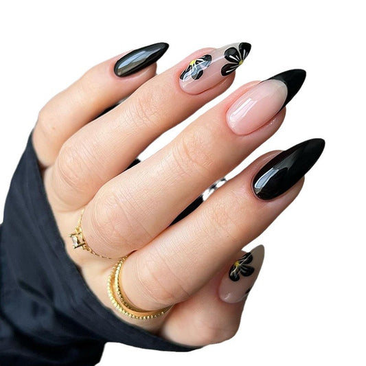 Gothic Elegance Long Almond Black and Beige Press On Nail Set with Floral Accent