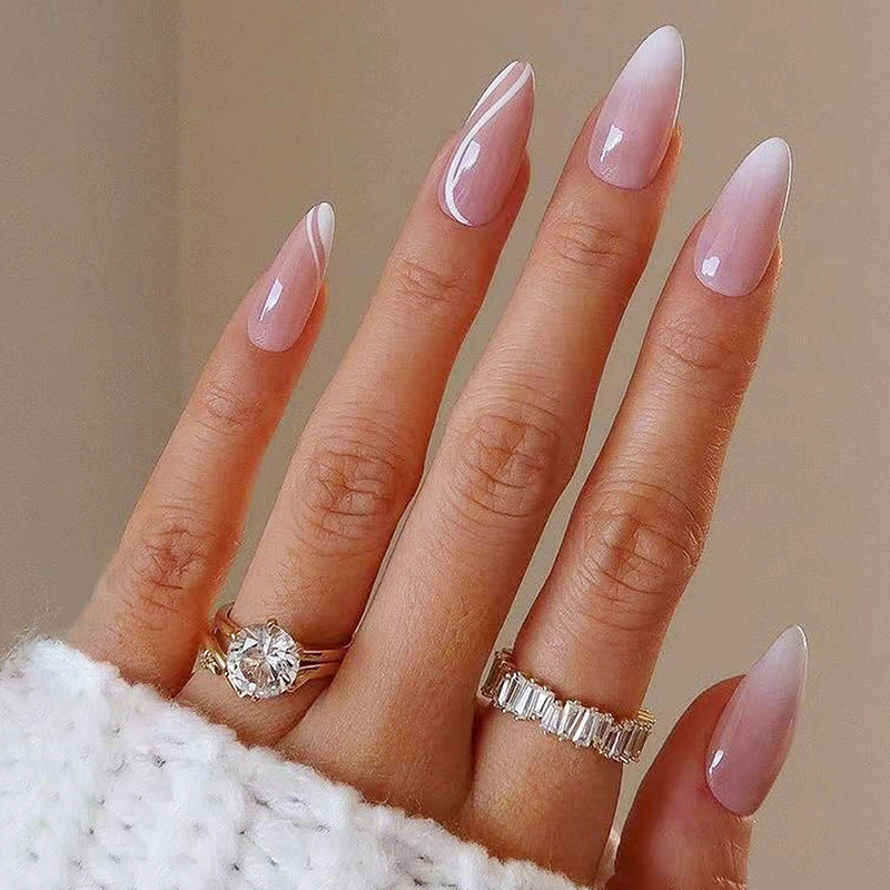Glamorous Fairy Tale Long Almond Ombre Pink Press On Nail Set with Elegant White Swirl Design