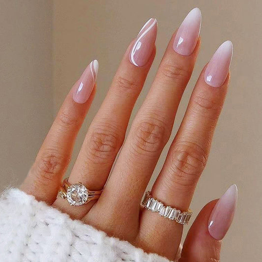 Glamorous Fairy Tale Long Almond Ombre Pink Press On Nail Set with Elegant White Swirl Design