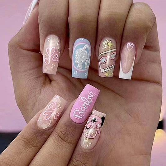 Dreamy Pink Hearts Long Square Press On Nail Set Featuring Charming Barbie Inspired Designs