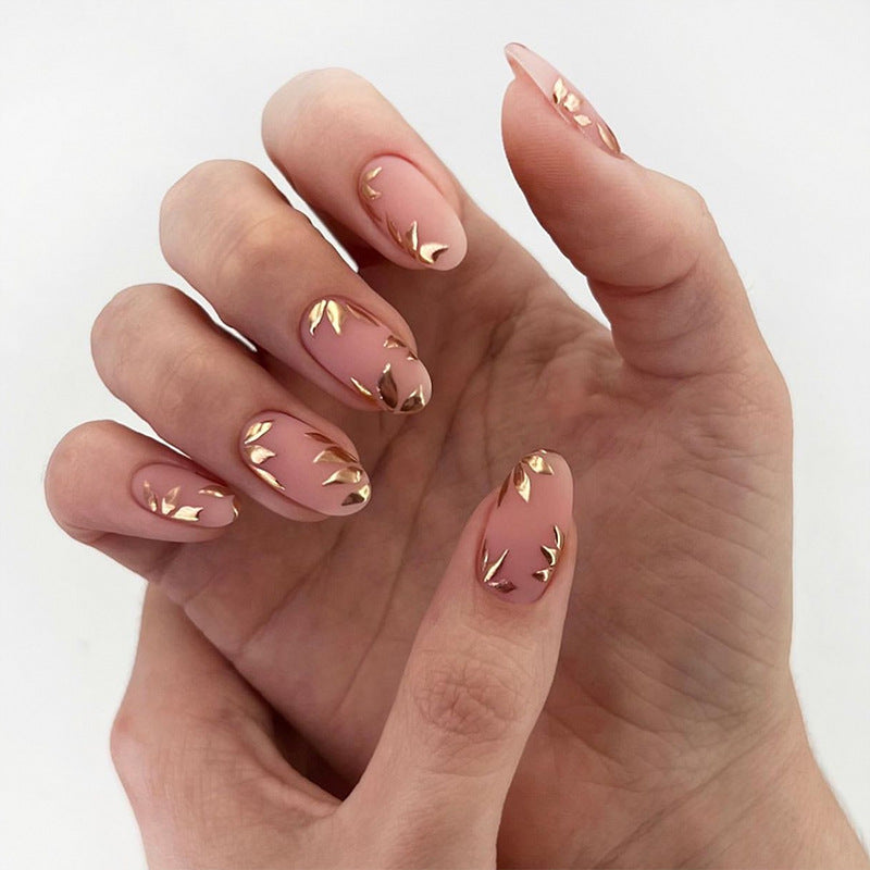 Elegant Long Oval Blush Pink Gold Leaf Accent Press On Nails