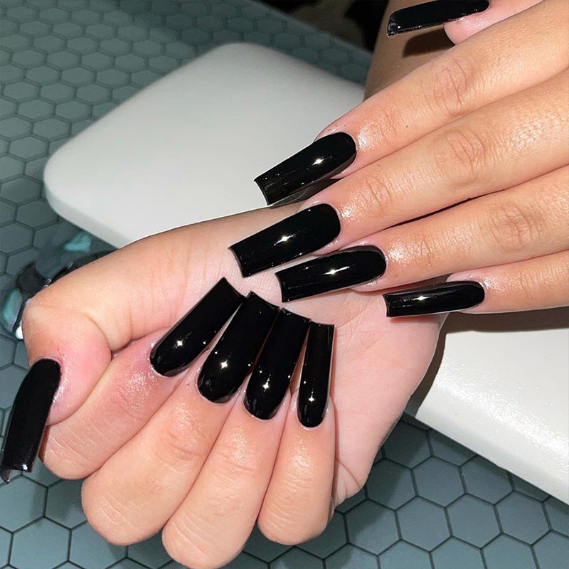 Glamorous Night Long Coffin Shaped Glossy Black Press On Nail Set with Stunning High Shine Finish