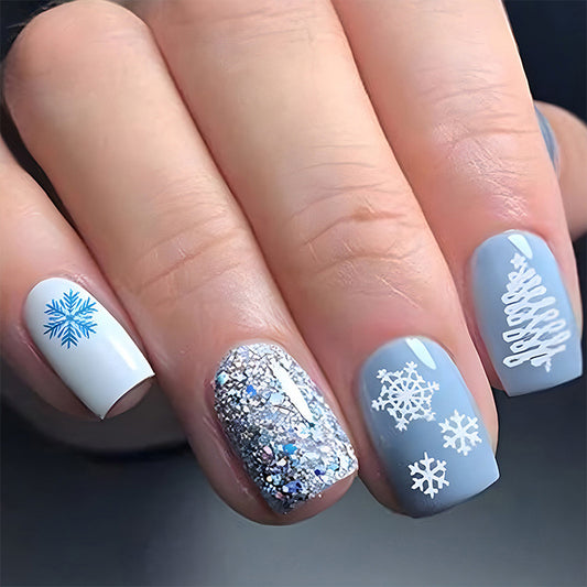 Winter Wonderland Short Square Matte Gray and White Press On Nail Set with Glitter and Snowflake Designs