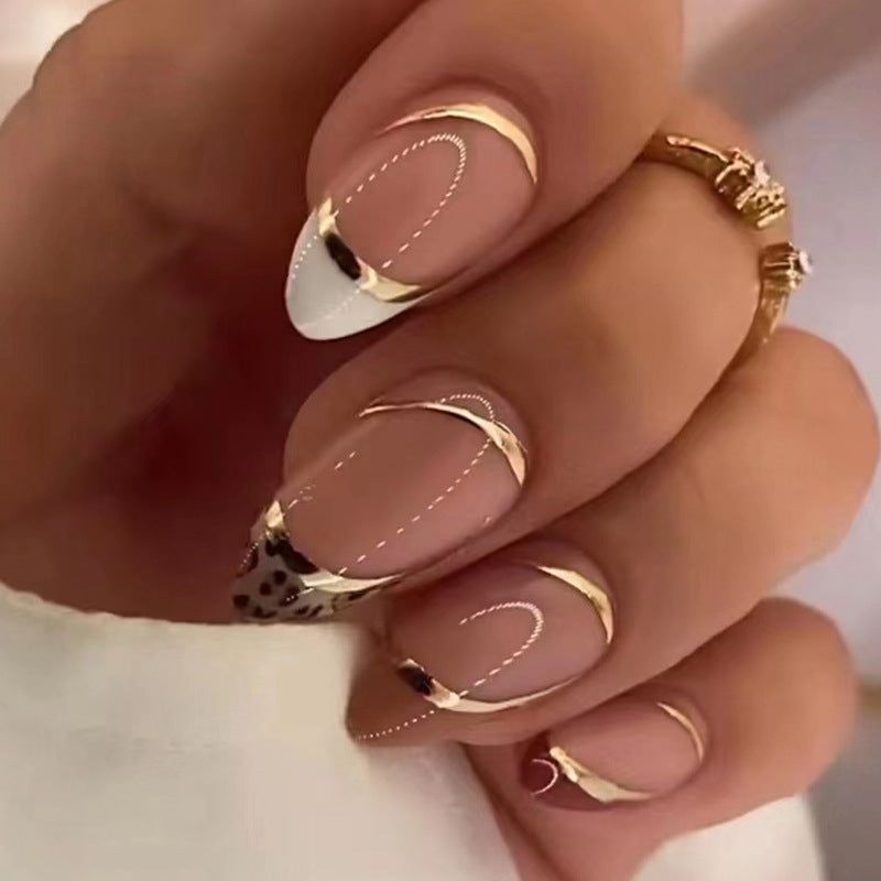Elegant Artistry Press On Nails Long Almond White Beige with Gold Accent and Unique Design