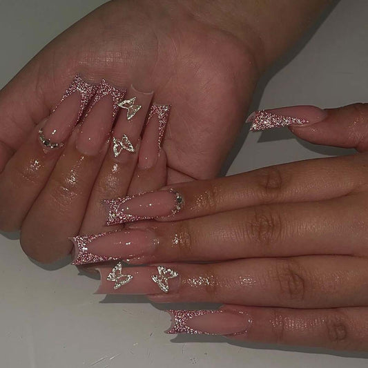 Glamorous Butterfly Dream Long Square Pink Glitter Press On Nail Set with Rhinestone Accent