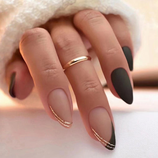Glamorous Night Out Extra Long Almond Shape Black and Beige Matte Press On Nail Set with Gold Accent Design