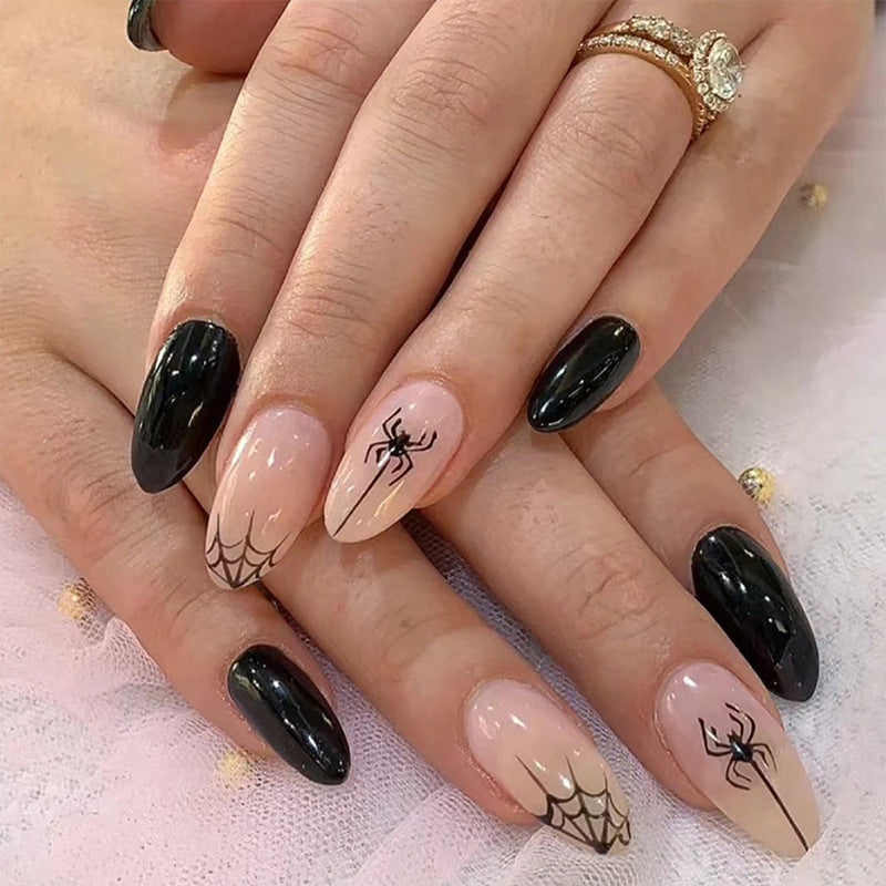 Spooky Glam Long Almond Press On Nail Set Black and Beige with Spider and Web Design