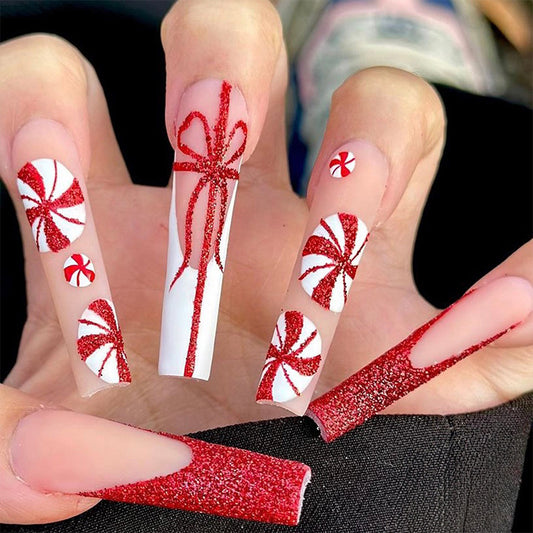 Candy Cane Inspired Long Coffin Red and White Press On Nail Set with Glitter and Peppermint Swirls