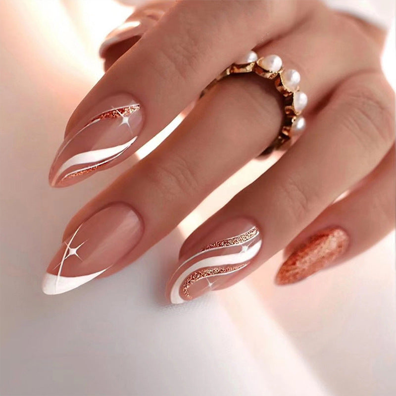 Elegant Pearl Dream Long Almond Beige and White Ombre Press On Nail Set with Sparkling Glitter Accents