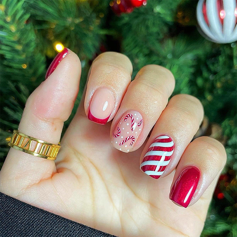 Festive Candy Cane Short Square Red and Pink Press On Nail Set with Glittery Holiday Accents