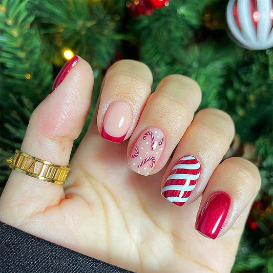 Festive Candy Cane Short Square Red and Pink Press On Nail Set with Glittery Holiday Accents