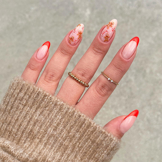 Gingerbread Dream Long Almond Shaped Gradient Red and Pink Press On Nail Set with Festive Decorative Accents