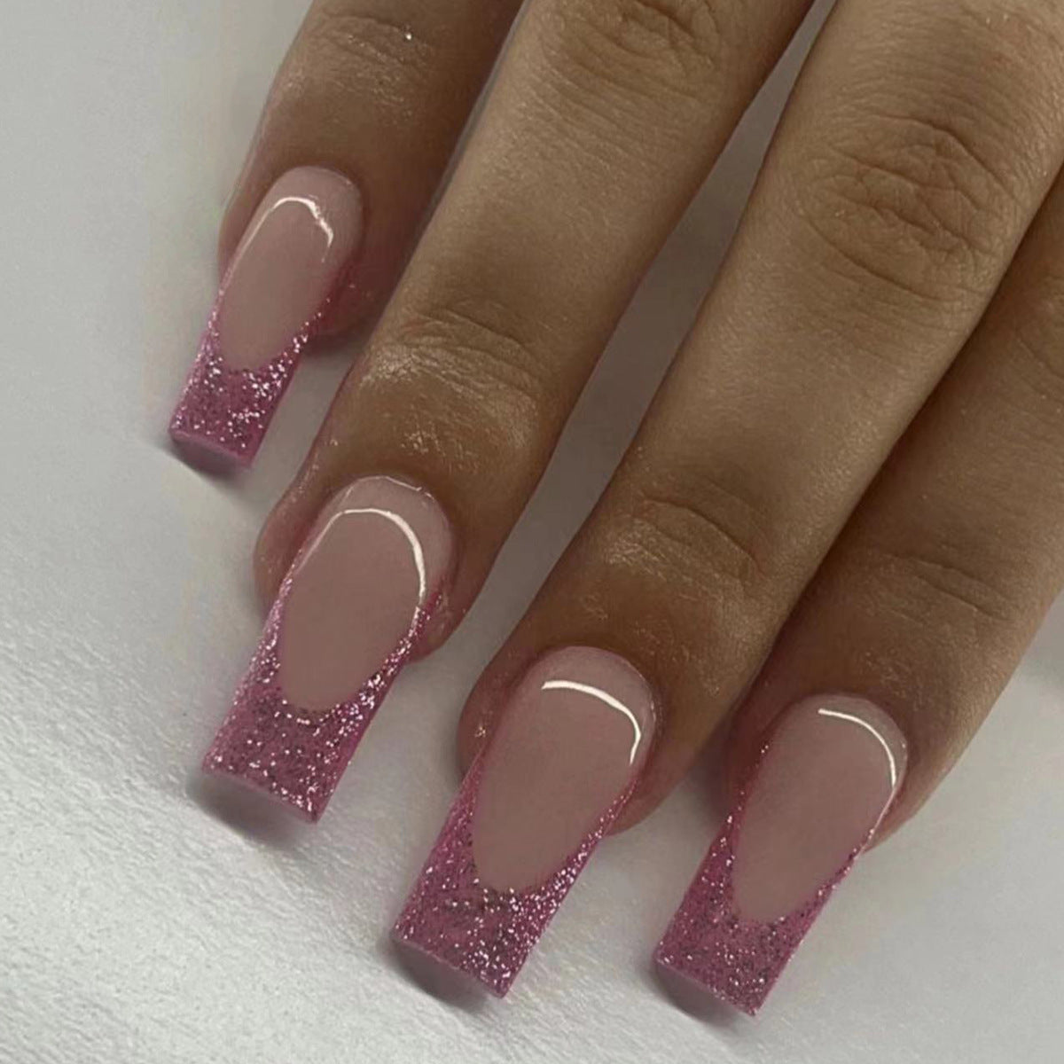 Glamorous Twilight Dreams Long Square Pink Ombre Glitter Press On Nail Set