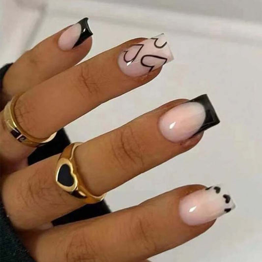 Chic Elegance Long Square Black and Pink Press On Nail Set with Unique Heart Design