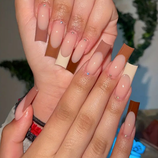 Chic Autumn Vibe Long Square Nail Set in Beige and Brown with Glitter Accent for Stylish Looks