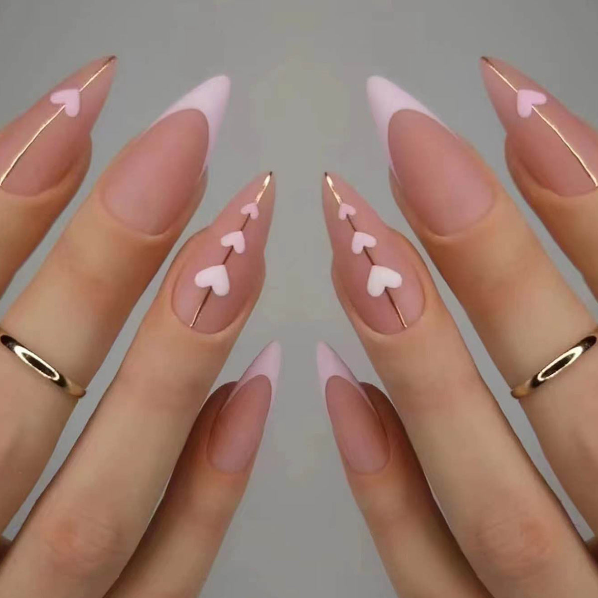 Romantic Heart Theme Long Stiletto Pink and Beige Press On Nail Set with Heart Accents and Gold Details