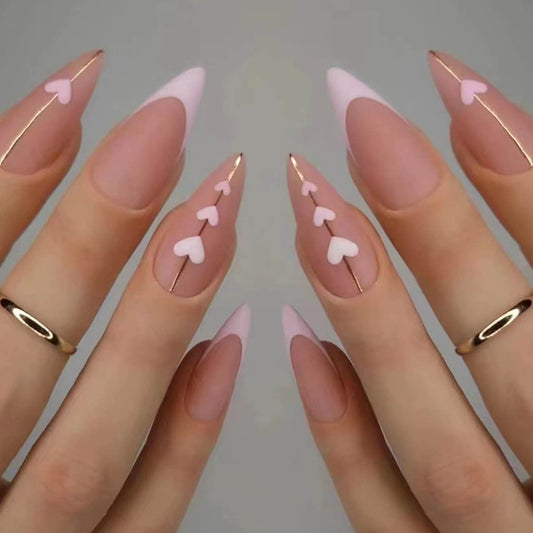 Romantic Heart Theme Long Stiletto Pink and Beige Press On Nail Set with Heart Accents and Gold Details