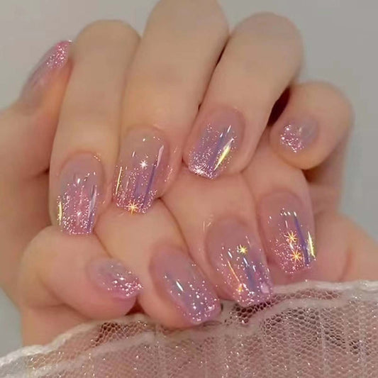 Celestial Dreams Long Square Pastel Pink Glitter Press On Nail Set with Dazzling Star Accents