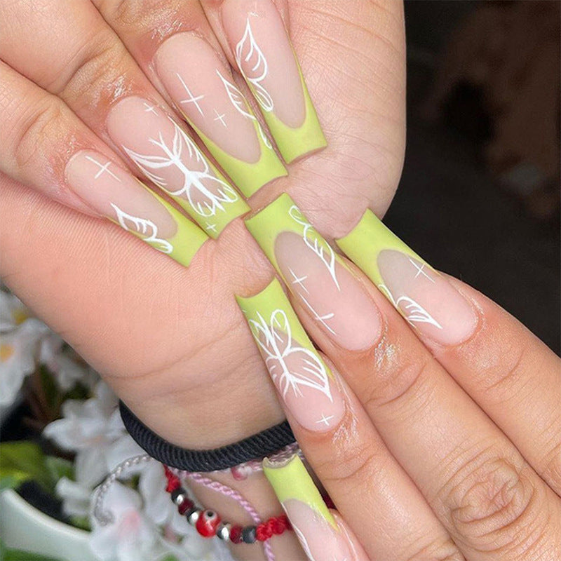 Botanical Bliss Long Square Neon Green Press On Nail Set with Floral Designs