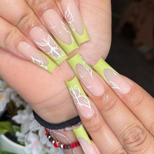 Botanical Bliss Long Square Neon Green Press On Nail Set with Floral Designs