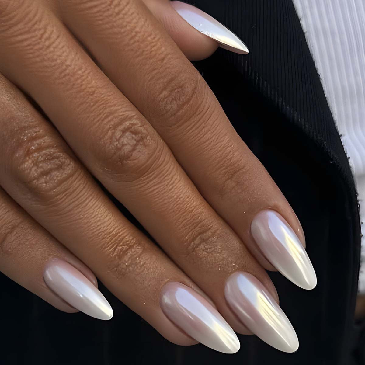 Mystical Elegance Long Almond Shaped Glossy White Press On Nail Set with Iridescent Shine