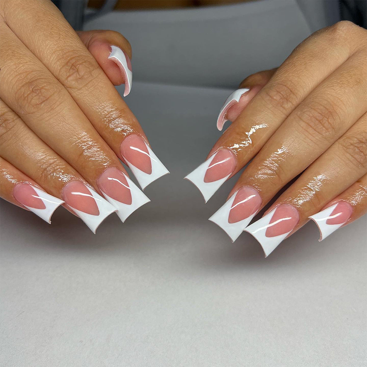 Glamorous Chic Long Duck Pink and White Press On Nail Set with Unique V-Shaped Design