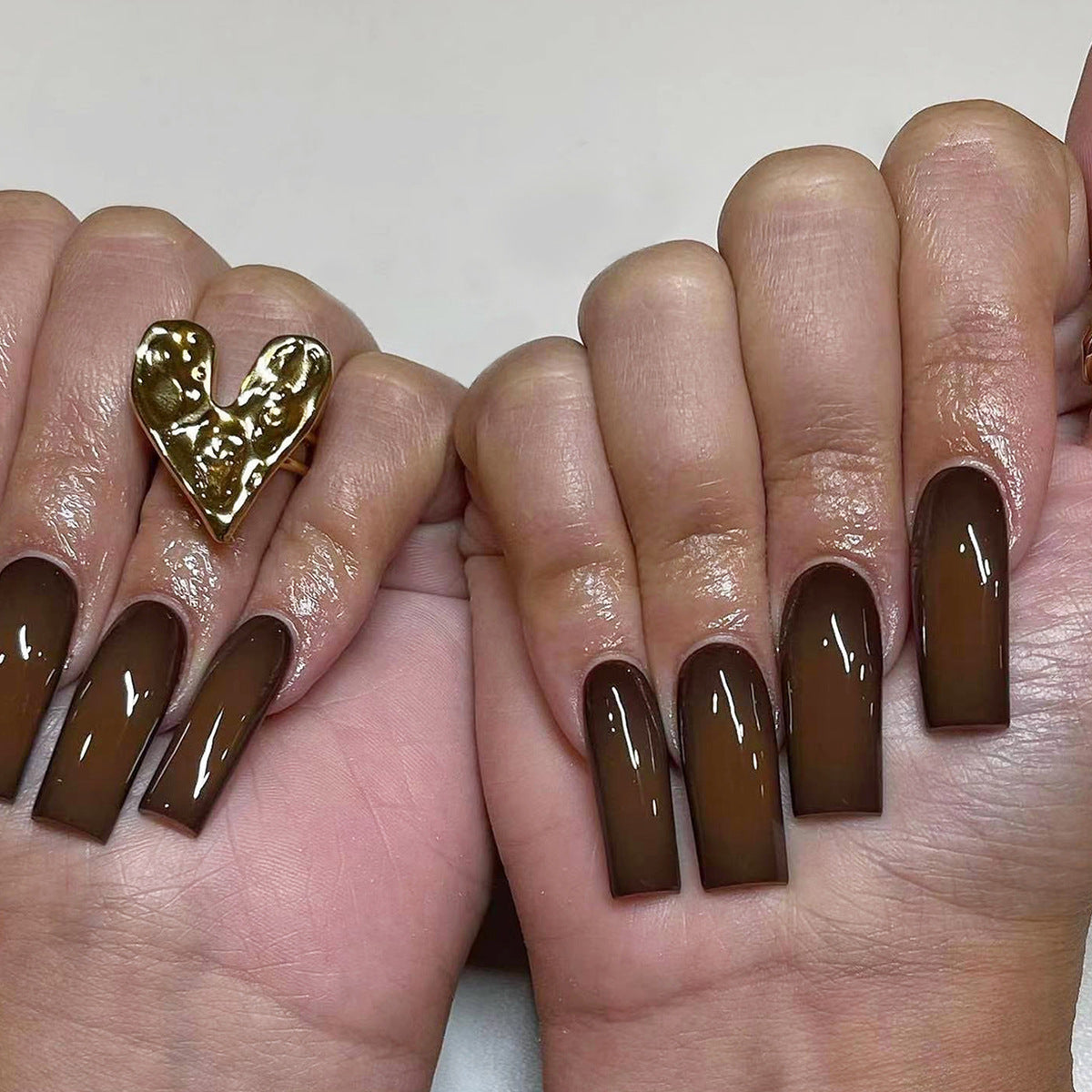 Chocolate Delight Long Square Ombre Brown Press On Nail Set with Glossy Finish and Heart Accent