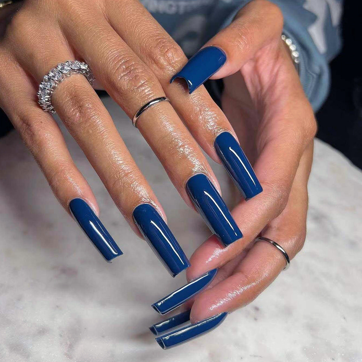 Elegant Ocean Wave Long Square Dark Blue Press On Nail Set with Glossy Finish and Unique Design Elements
