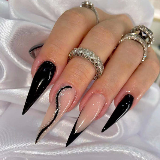 Gothic Glam Long Stiletto Shaped Black and Beige Press On Nail Set with Glitter Accent Design