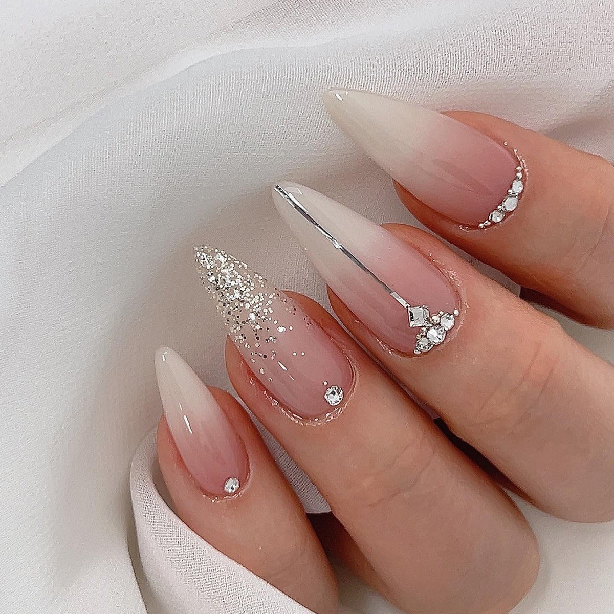 Glamorous Starlit Elegant Long Stiletto Ombre Beige with Glitter and Rhinestones Press On Nail Set