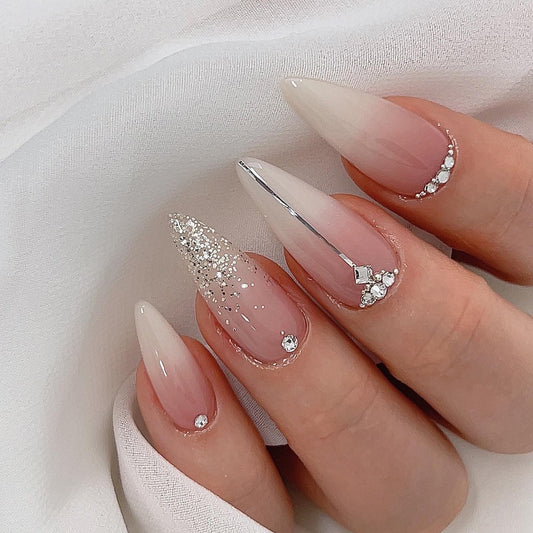 Glamorous Starlit Elegant Long Stiletto Ombre Beige with Glitter and Rhinestones Press On Nail Set