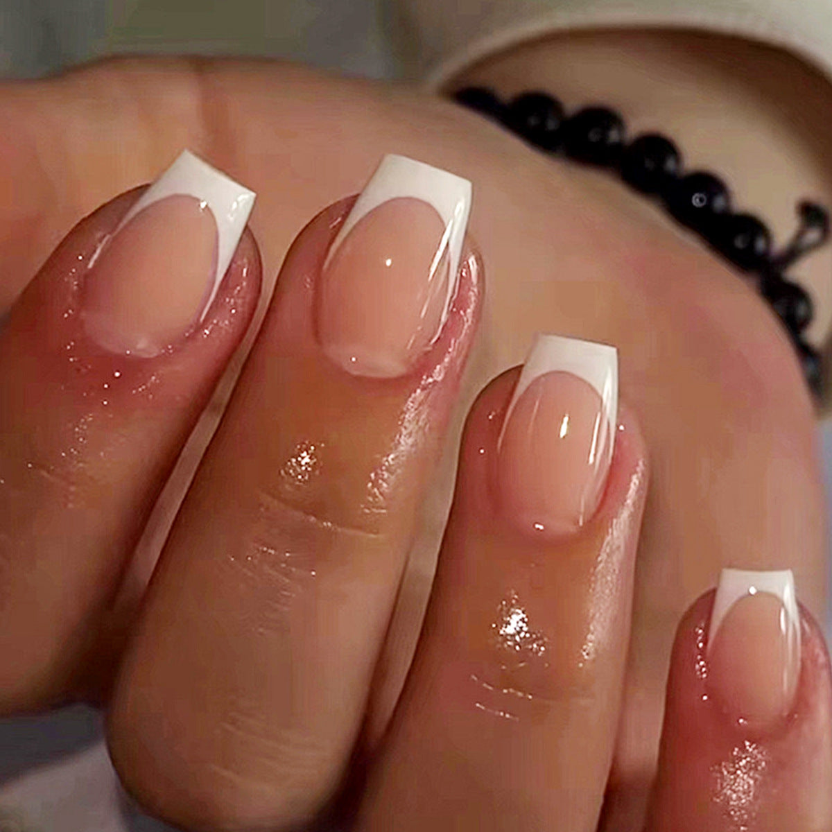 Elegant Garden Long Coffin French Tip Press On Nails in Subtle Pink with Unique Glossy Finish