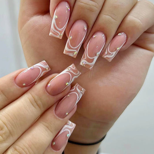 Dreamy Elegance Long Square Pink and White Swirl Press On Nail Set with Rhinestone Accents