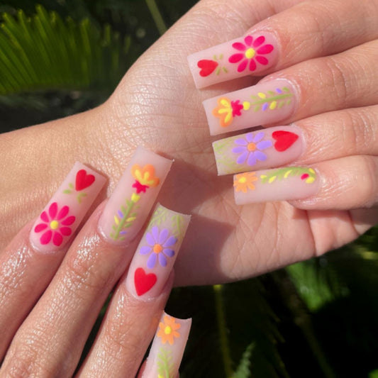 Garden Delight Long Square Press On Nail Set in Pastel Pink with Vibrant Floral Designs and Heart Accents