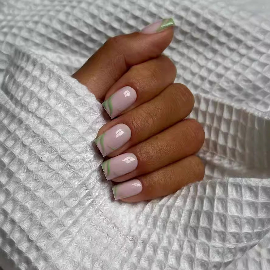 Spring Blossom Collection Medium Length Square Soft Pink Press On Nail Set with Subtle Green French Tip Detail