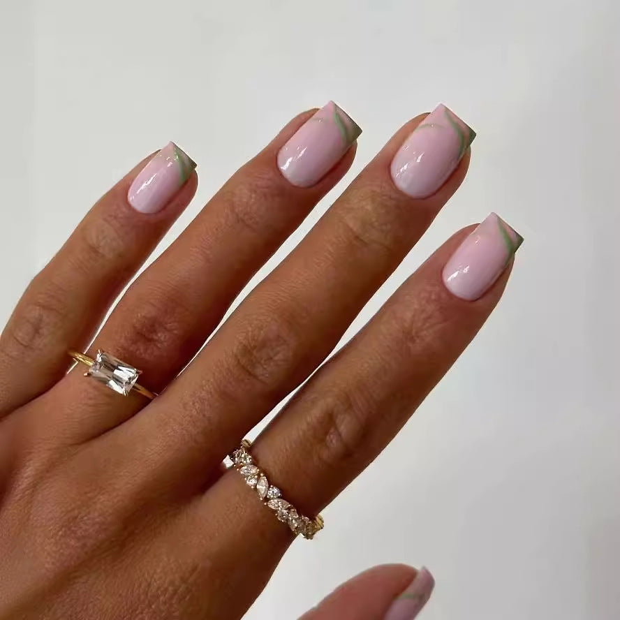 Elegant French Manicure Medium Square Light Pink Press On Nails with Metallic Accents