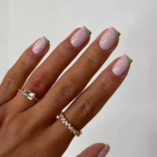 Elegant French Manicure Medium Square Light Pink Press On Nails with Metallic Accents