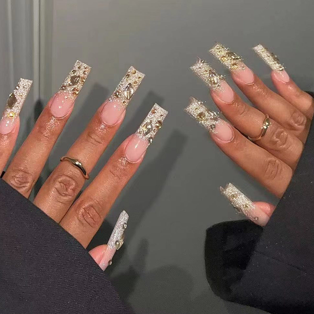 Glamorous Crystal Elegance Long Square Clear and Pink Press On Nail Set with Gold Accent Gems