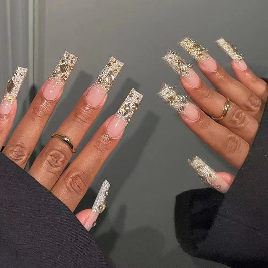 Glamorous Crystal Elegance Long Square Clear and Pink Press On Nail Set with Gold Accent Gems