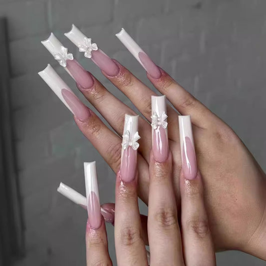 Elegant Springtime Long Square Ombre Pink Press On Nail Set with 3D Flower Accents