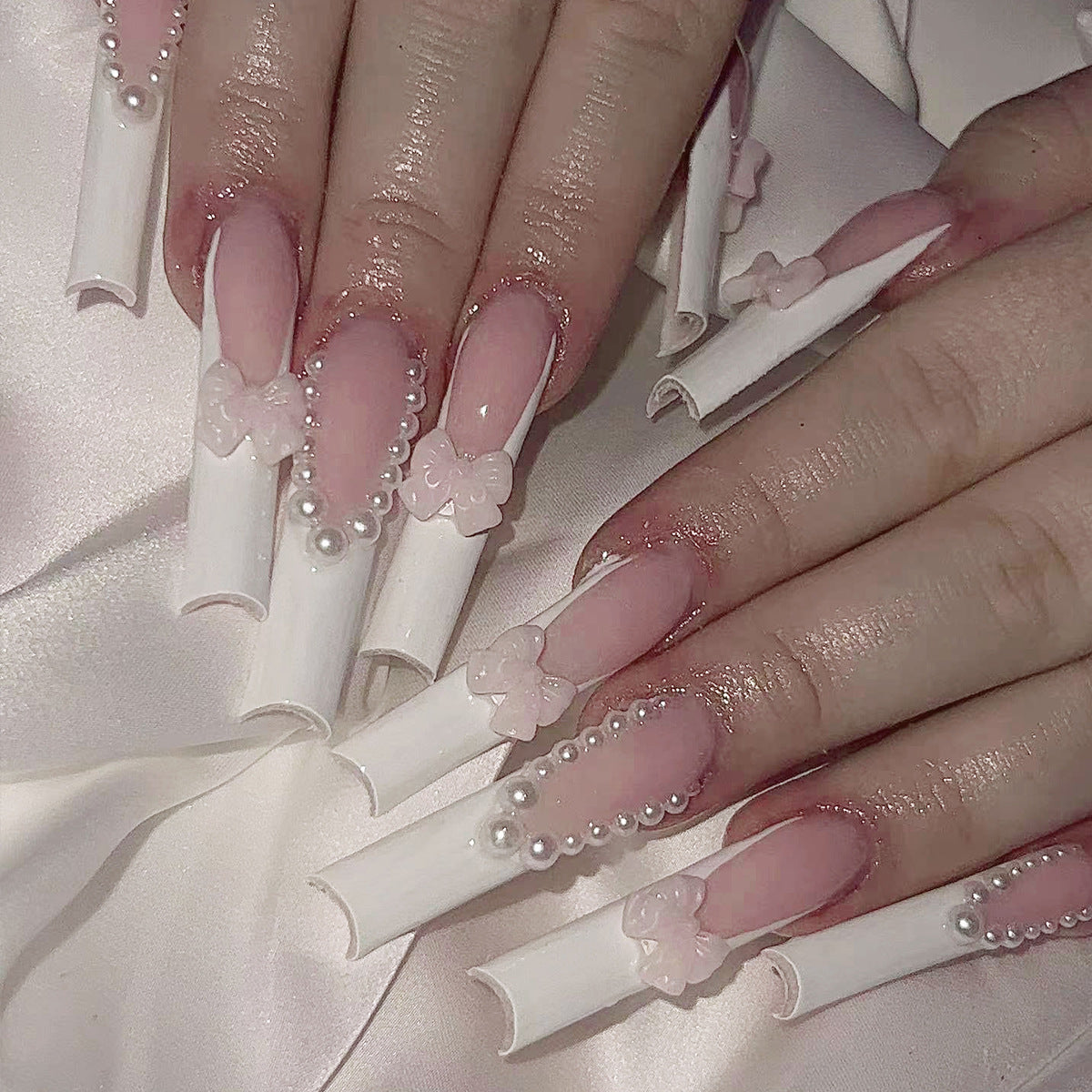 Bridal Bliss Long Coffin Baby Pink Pearl Embellished Press On Nails