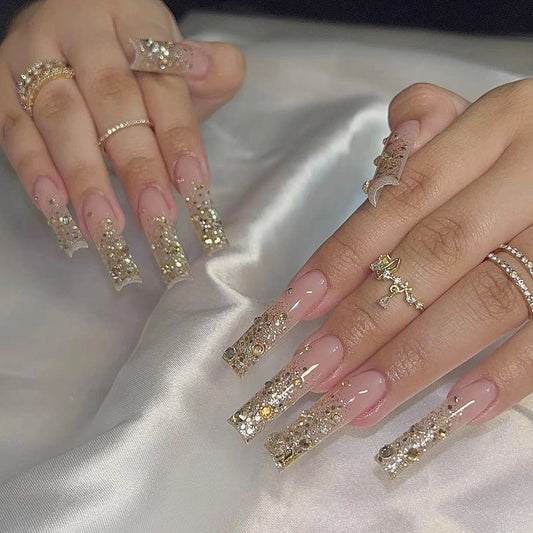 Glittering Gala Extra Long Square Press On Nails in Sheer Pink with Luxe Gold Glitter Ombre and Rhinestone Embellishments