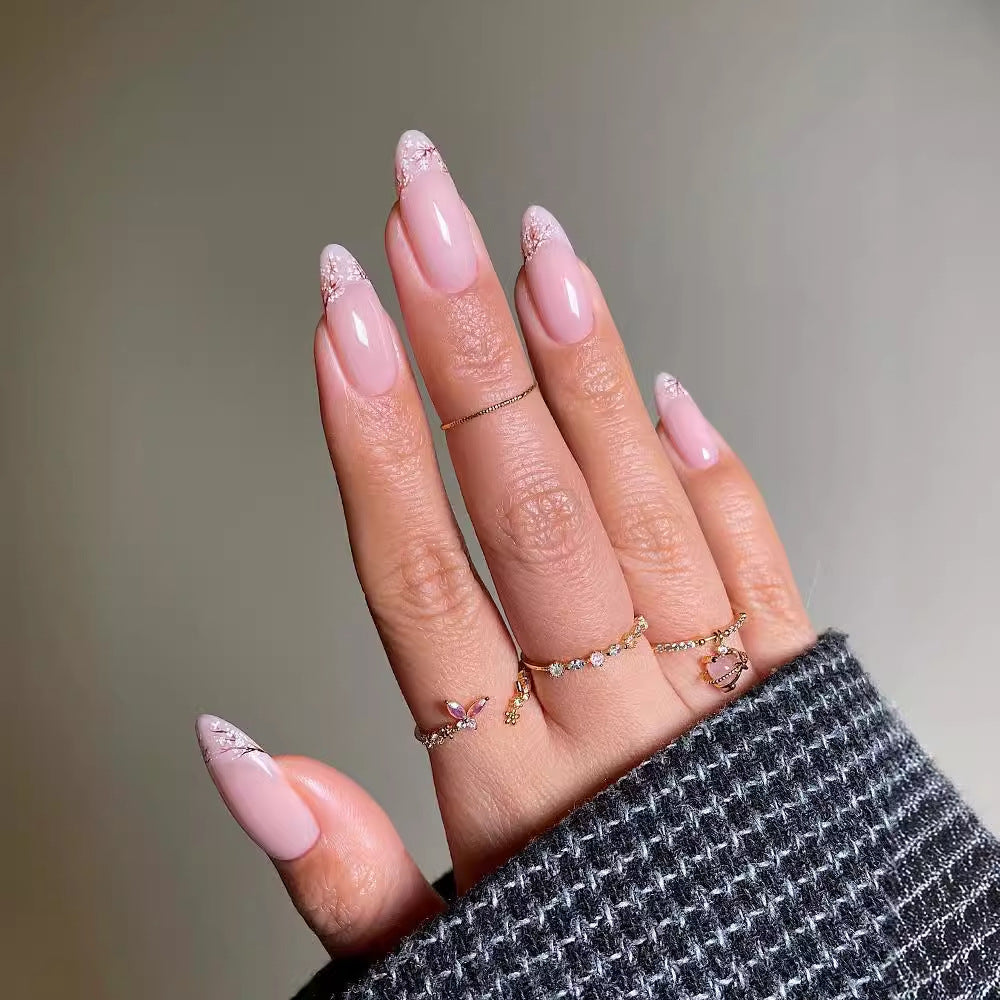 Elegant Bridal Collection Long Almond Pink Press on Nails with Glitter Accents