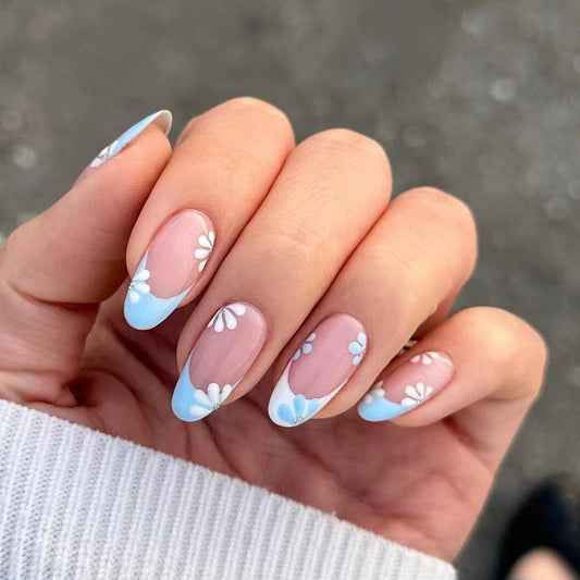 Spring Blossom Collection Long Almond Baby Blue Ombre Press On Nail Set with Delicate Floral Accents